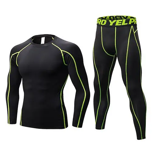 Новинка, брендовая мужская спортивная одежда для фитнеса, мужские футболки для пробежки+ штаны, трико, спортивные костюмы для спортзала, тренировок, компрессионный набор для бега - Цвет: black with green