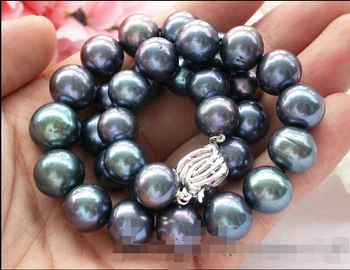 

FREE SHIPPING 000152 ROUND peacock black PEARL NECKLACE 925SILVER
