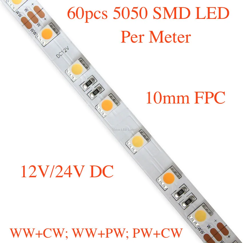 

12V/24V DC, 60led/m smd 5050 (300led/5m) led WW CW strip light, CW+WW CCT Tunable.