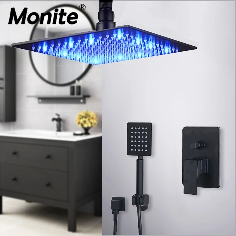 

Monite 8 16 LED Bathroom Shower Faucet Set Black Paint Brass Mixer Tap W/ Waterfall 2-Functions Rainfall Shower Head Set Faucet