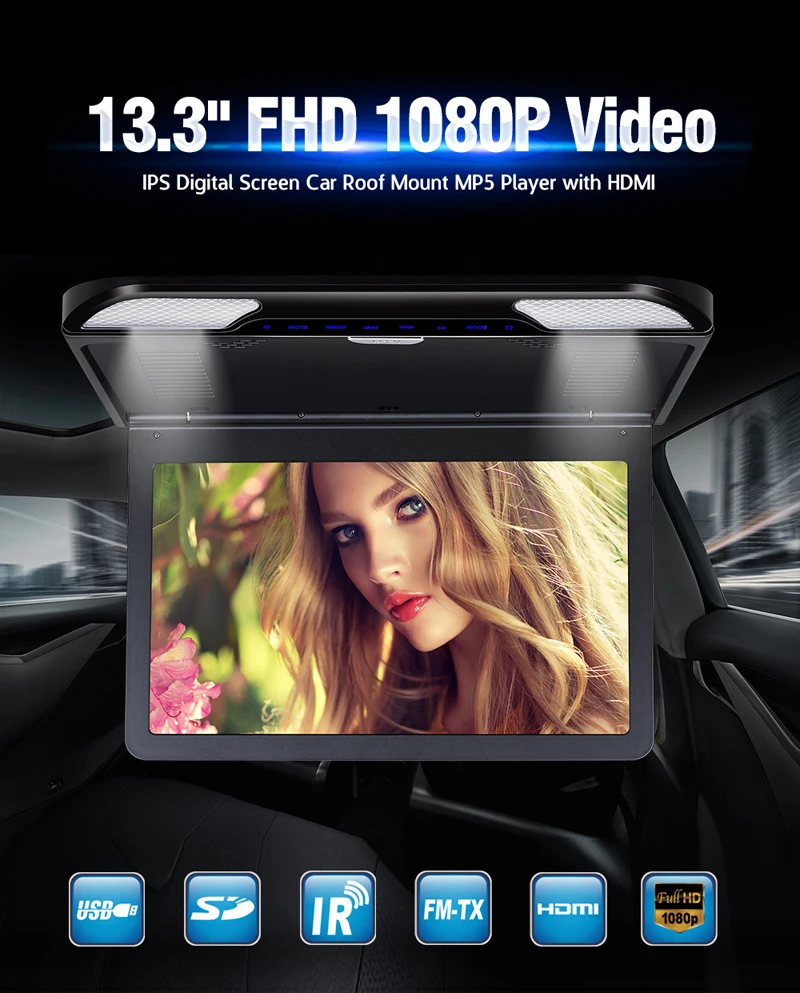 13,3 дюймов потолочные мониторы 1920x1080 сенсорная кнопка автомобильный экран откидной MP5 плеер HDMI/USB/SD/IR/FM передатчик/динамик DVD автомобиль
