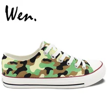 Вэнь дизайн Ручная роспись обувь на заказ армейский Камуфляжный узор Низкий Топ повседневные мужские кроссовки из парусины женские подарки