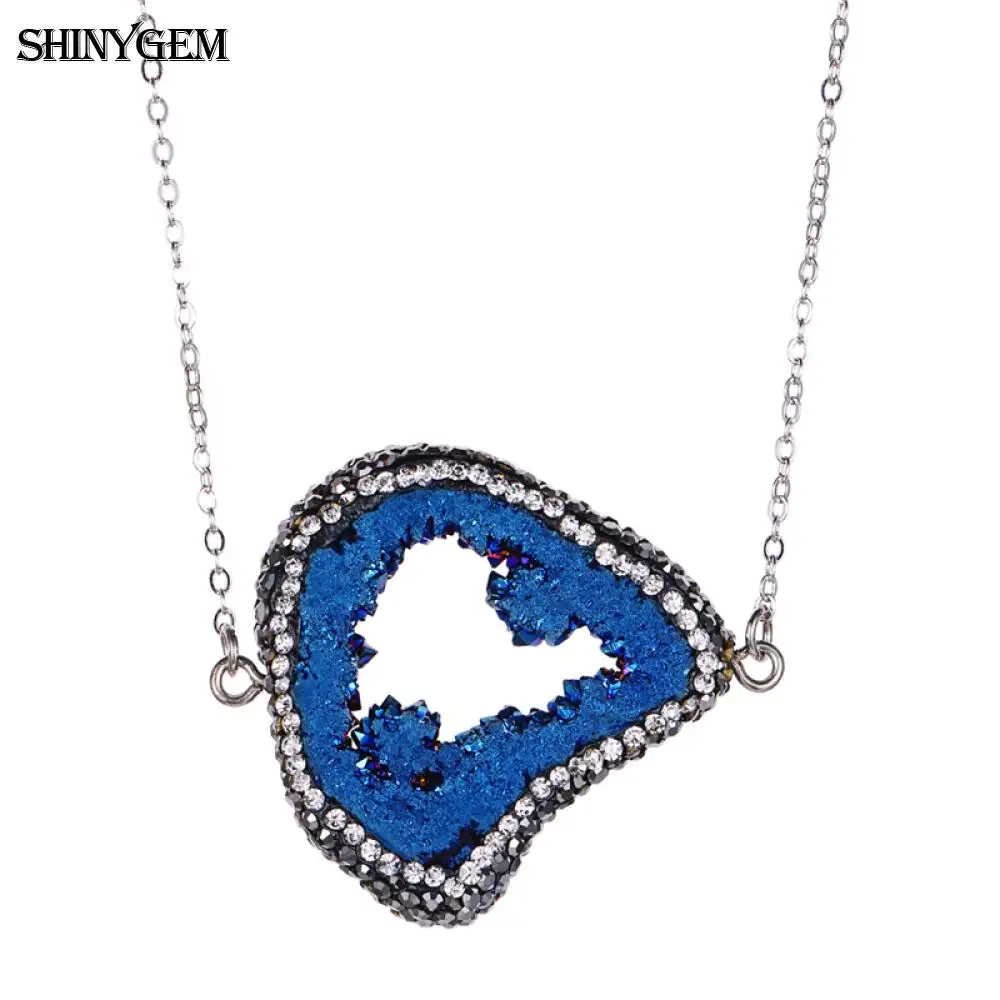 

ShinyGem Irregular Natural Crystal Pendant Necklaces Burst Big Rock Druzy Stone Necklace Silver Plating Chain Necklaces For Men
