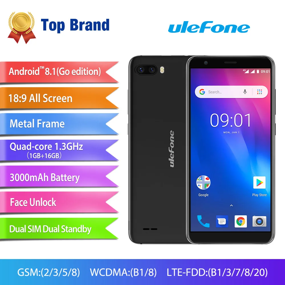 

Ulefone S1 Pro Mobile Phone 5.5'' Face Unlock 18:9 MTK6739 Quad Core 1GB RAM 16GB ROM 13MP+5MP Android 8.1 LTE 4G Smartphone