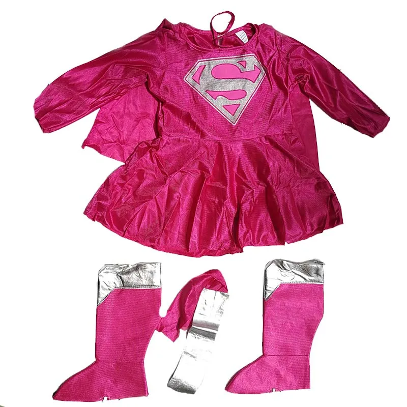 Детское ярко-розовое платье СУПЕРМЕНА для девочек, вечерние костюмы супергероя на Хэллоуин, костюм супермена с накидкой, ботинки, ремень