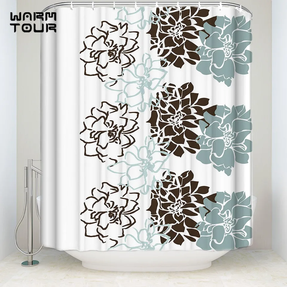 Bath Shower Curtains Geometric Flowers Blue Brown White Welcome Mildew Resistant Bathroom Decor Sets With Hooks Shower Curtains Aliexpress
