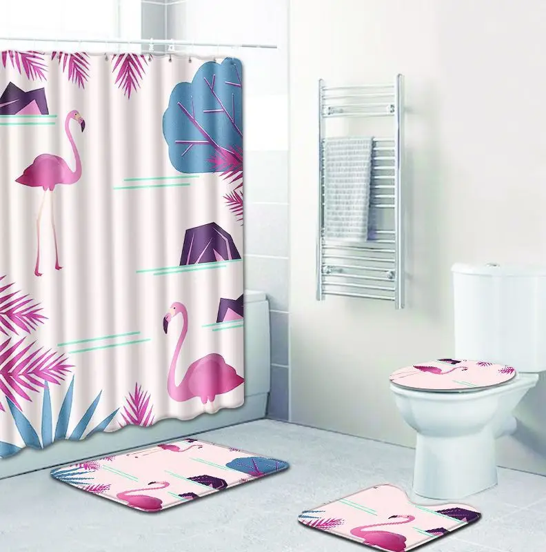 Новое поступление 4 шт./компл. Фламинго занавеска для душа Ванная комната коврик для унитаза комплект Нескользящие Tapis Salle De Bain Alfombra Bano