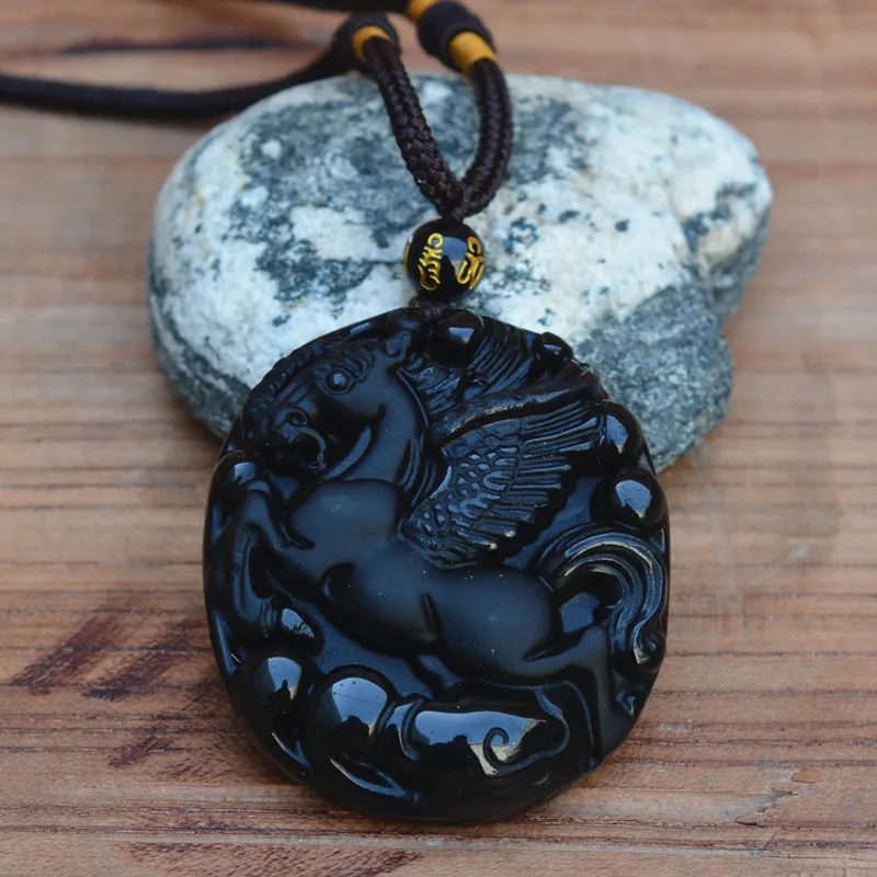 

Wholesale 5pcs/lot High Quality Handwork Carve Obsidian Stone Pendant New Fashion Zodiac Flying Horse Jewelry Pendants With Rope