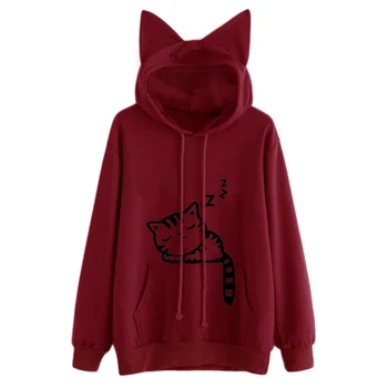 

ETOSELL Sleep Cat Print Hooded Loose Pullovers Tops Fashion Ladies Cat Ear Hooded Long Sleeve Casual Daily Outwear Tops Autumn