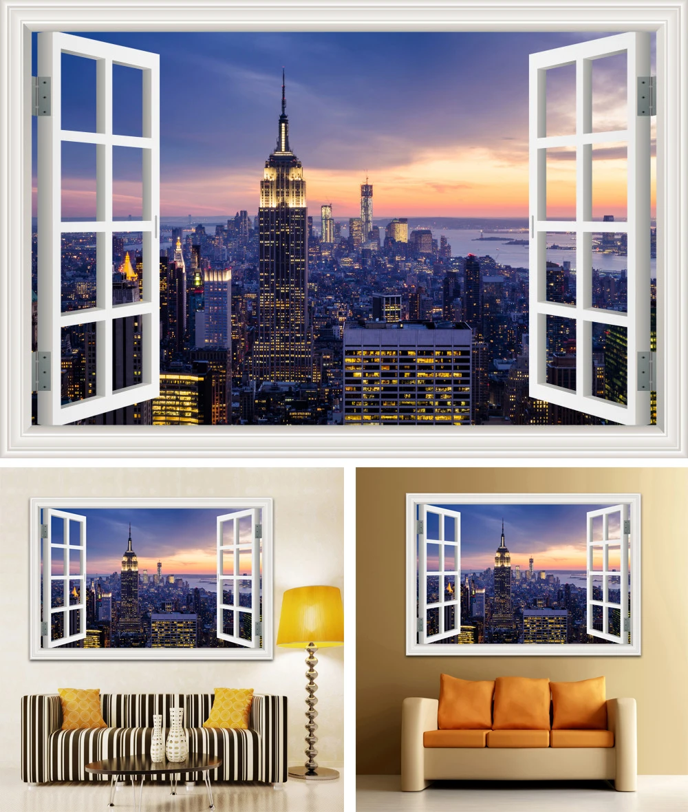 3D Наклейка на стену с видом на окно, закат, пейзаж, наклейка с видом города, виниловые обои, домашний декор для гостиной, кухни, плакат на стену