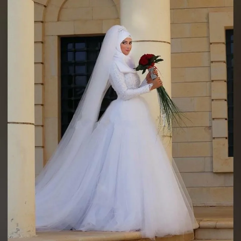 Charming A Line Muslim Wedding Dress Long Sleeves 2016 Applique Beading Arabic Women font b Hijab
