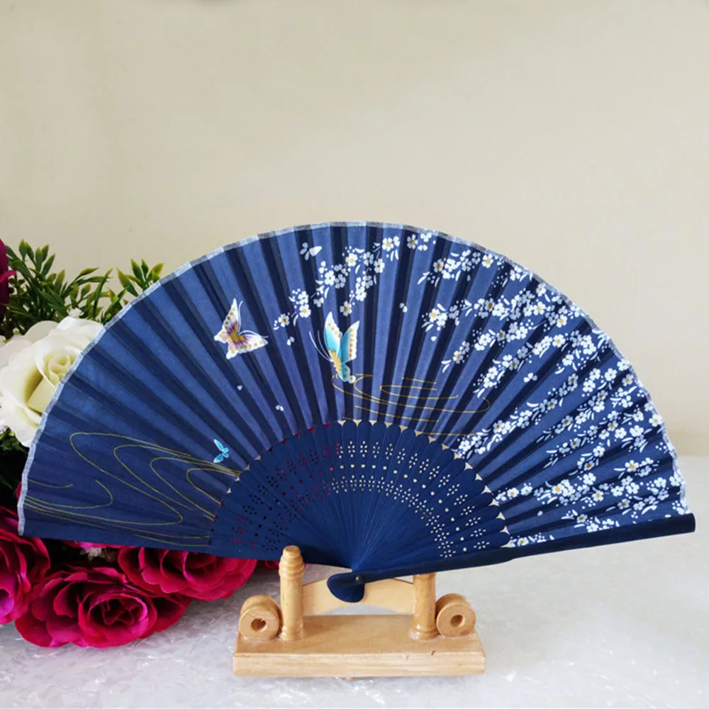 Flower Butterfly Pattern Folding Dance Wedding Party Lace Silk Folding Hand Held Flower Fan G619 - Цвет: D