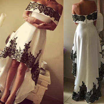 

Sexy Boat Neckline Front Short Back Long Evening Dress Lovely Off Shoulder Black Appliques Prom Party Dress Ivory Satin Evening