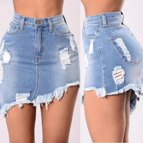 Womens Celeb Ripped Frayed Stretch Bodycon High Waist Jean Denim Skirt ...