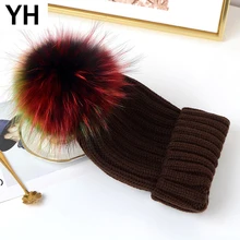 Настоящий шарик из меха енота шапка зимняя 15 см Меховая кепка с помпонами енот меховые шапки меховые вязаные шапки шапка Фирменная Новинка толстые шапки