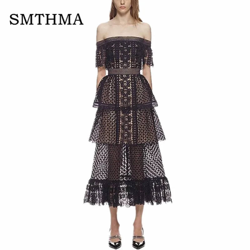 

High Quality Runway Dress 2019 New Women Self Portrait Dress Slash Neck Off the shoulder Black Frill Cake Long Lace Dress