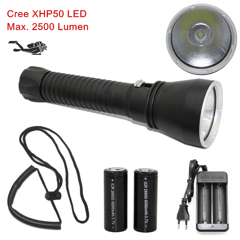 

Uranusfire XHP50 LED Flashlight 2500LM High Brightness White Light Aluminum Torch with 26650 Battery AC Charger