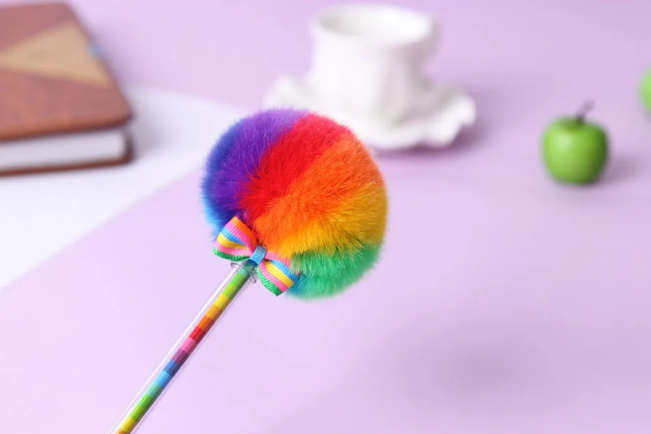 3pcs/lot rainbow Kawaii creative color gel pens with fluffy ball for decoration stationery School supplies free shipping