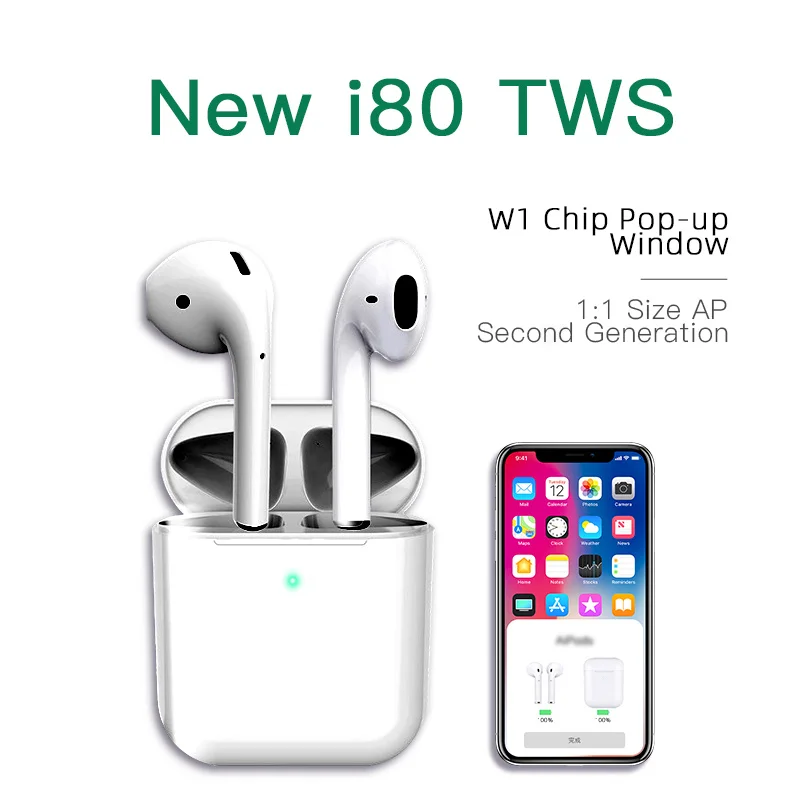 

New Air 2 Pods Earphone W1 Chip 1:1 Bluetooth Earbuds Wireless Headset i80 TWS earphones Pop up for iPhone all smart phone