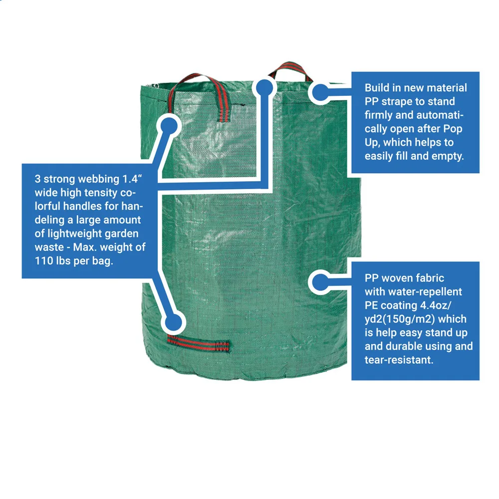 Мешок для садовых отходов большой сильный водонепроницаемый Сверхмощный многоразовый складной мешок для мусора травы с двойной прошитой ручкой