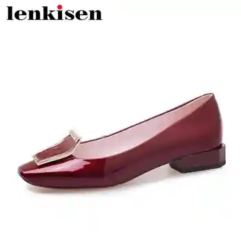 

Lenkisen slip on cow leather metal decoration buckle square toe solid thick low heel concise spring autumn brand women pumps L70