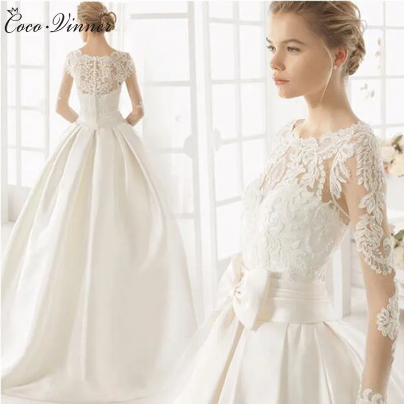

Court Train Europe Simple Satin Wedding Dress 2019 new long sleeve Pluse Size bow A line Vintage wedding Dresses W0137