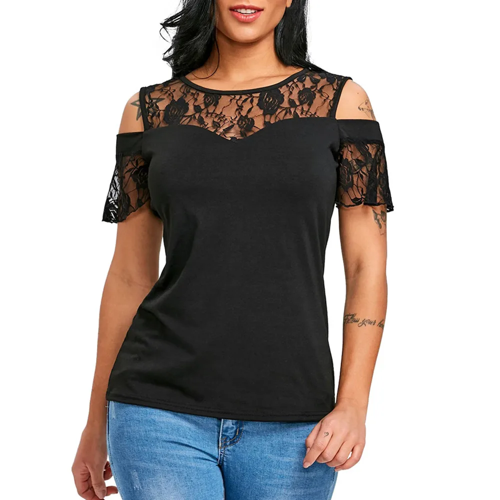 de Primavera Verano 2019, blusas de oficina para mujer, negras de manga corta con cuello en V, Tops de encaje de poliéster, Blusa, camisa Hot N|Blusas y camisas| -