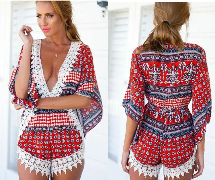 S-Fly Womens Off Shoulder Tassel Stitching Short Beach Jumpsuits Rompers