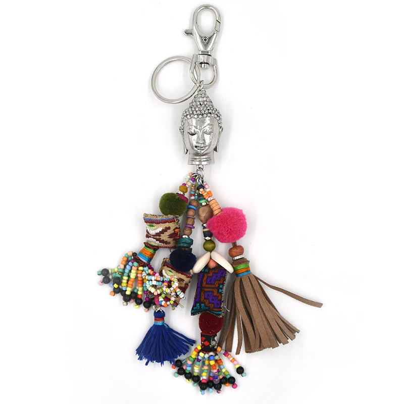 Ethnic Key chains Lanyards Key Ring Key Finders Feather Leather Tassel Pompoms Ball Buddha Pendants Bag Rings key Chain