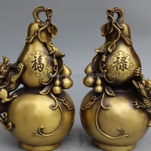 1" Китайский Бронзовый Фэншуй Фу Лу Шоу бутылочной тыквы JinChan PiXiu Статуя Пара