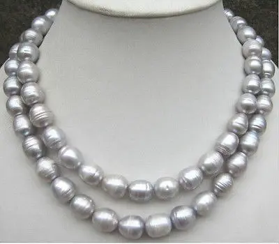 

HOT## Wholesale FREE SHIPPING long 11-13mm natural AAA+tahitian silver gray pearl necklace 33" 14k