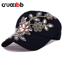CRUOXIBB New Women’s Baseball Cap Full Crystal Flower Denim Bling Rhinestone Women Snapback Cap Gorras Adjustable Unisex Caps