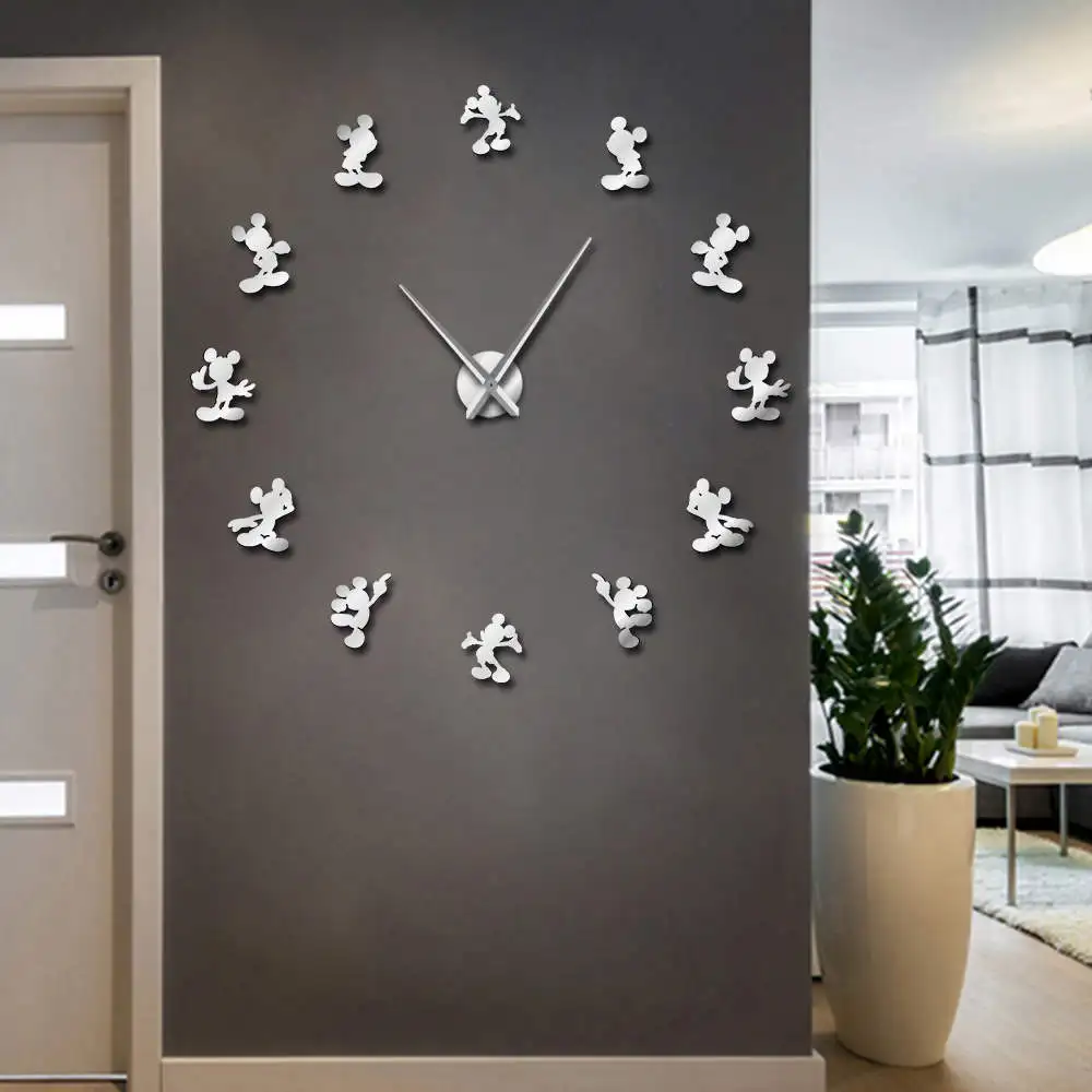 

Cartoon Mouse Design DIY Giant Wall Clock Cartoon Kid Room Decor Frameless Large Wall Watch 3D Mirror Effect Comics Wall Sticker