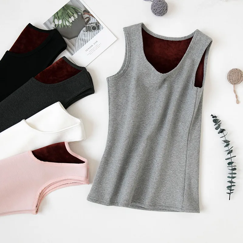 

2019 Autumn Winter Women All Match Camis Warm Velvet Thicken Tank Solid Female Slim Sleeveless Bottoming Vest Short Tops AB1527