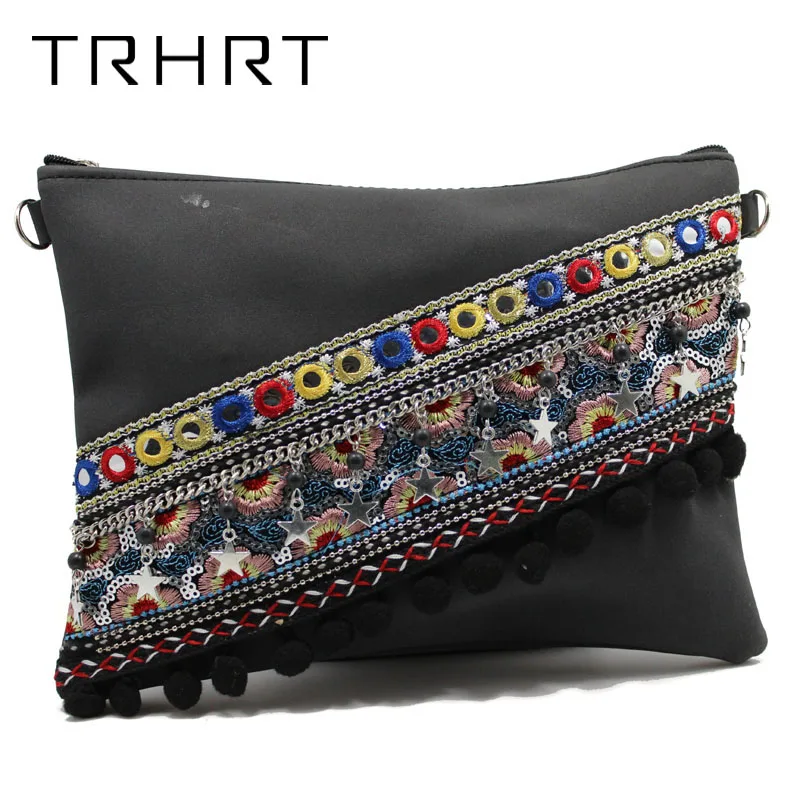 

Black Vintage Retro Charm Embroidery pattern Pacthwork women handbag Super Hot Design Lady Shoulder Bag with Boho