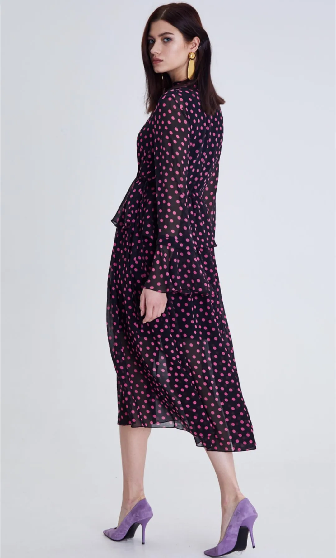 

Woman Dress Warm Polka Dot Peony Flower Print Streamers Butterfly Silk Dress