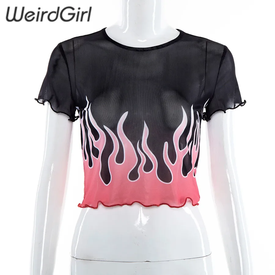 Weirdgirl/женская футболка с прозрачной сеткой с принтом огня; пикантные модные вечерние топы с круглым вырезом и короткими рукавами; летние топы с бабочкой; укороченный топ