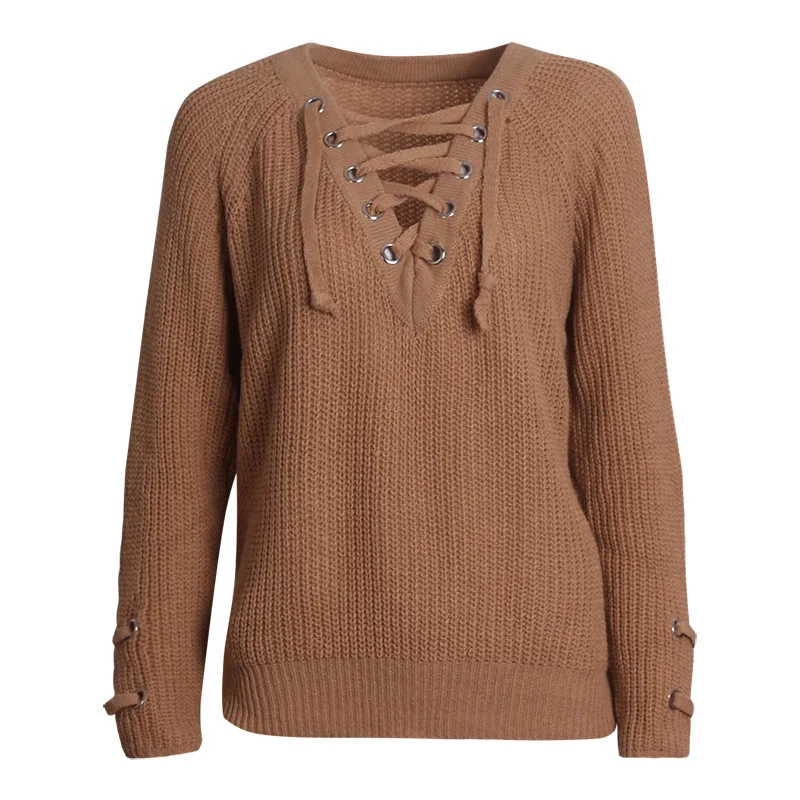 Fashion Autumn winter Female sweaters and pullovers Sexy lace-up 6 colors sweater for women V-neck lady's sweater Sweaters