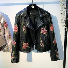 Короткие женские кожаные куртки с объемной цветочной вышивкой,, женские мотоциклетные кожаные куртки и пальто ярких цветов C1171