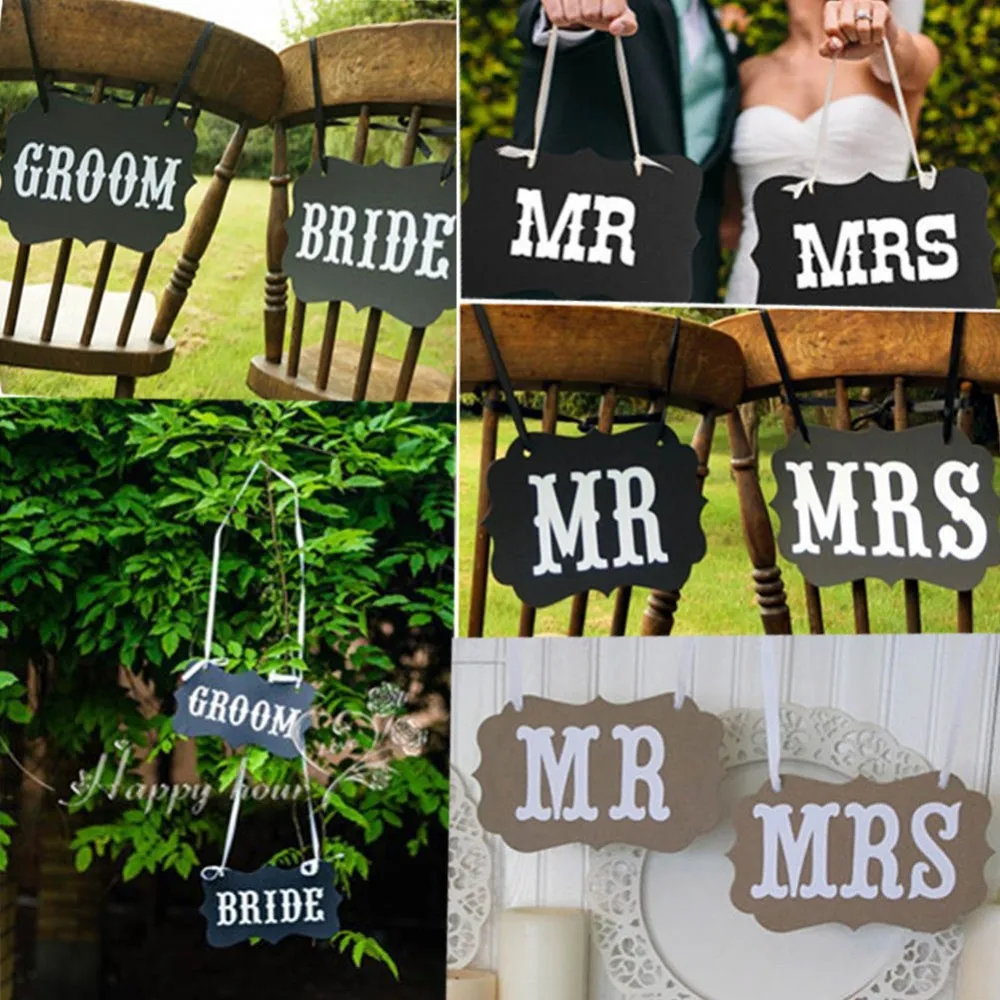 

MR & MRS / BRIDE&GROOM Kraft Paper Board Ribbon Photo Props Chair Signs Wedding Decoration Letter Sign Event Party Supplies