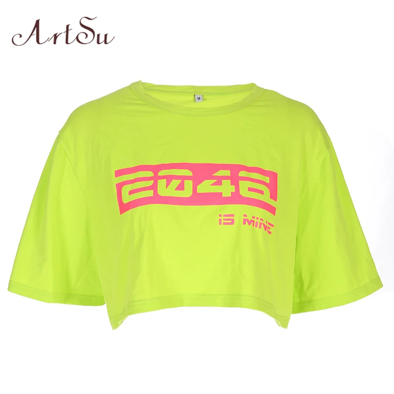 

ArtSu 2019 Harajuku Tshirt Neon Green Short Sleeve Crop Top Oversized T shirt Vogue Woman Shirts Casual Streetwear ASTS20728