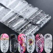10 шт белый черный кружевной Фольга для ногтей s слайдеры Гелевый лак Переводные фольга сексуальные цветы наклейки 3D смешанный дизайн сделай сам дизайн ногтей наклейки JI978