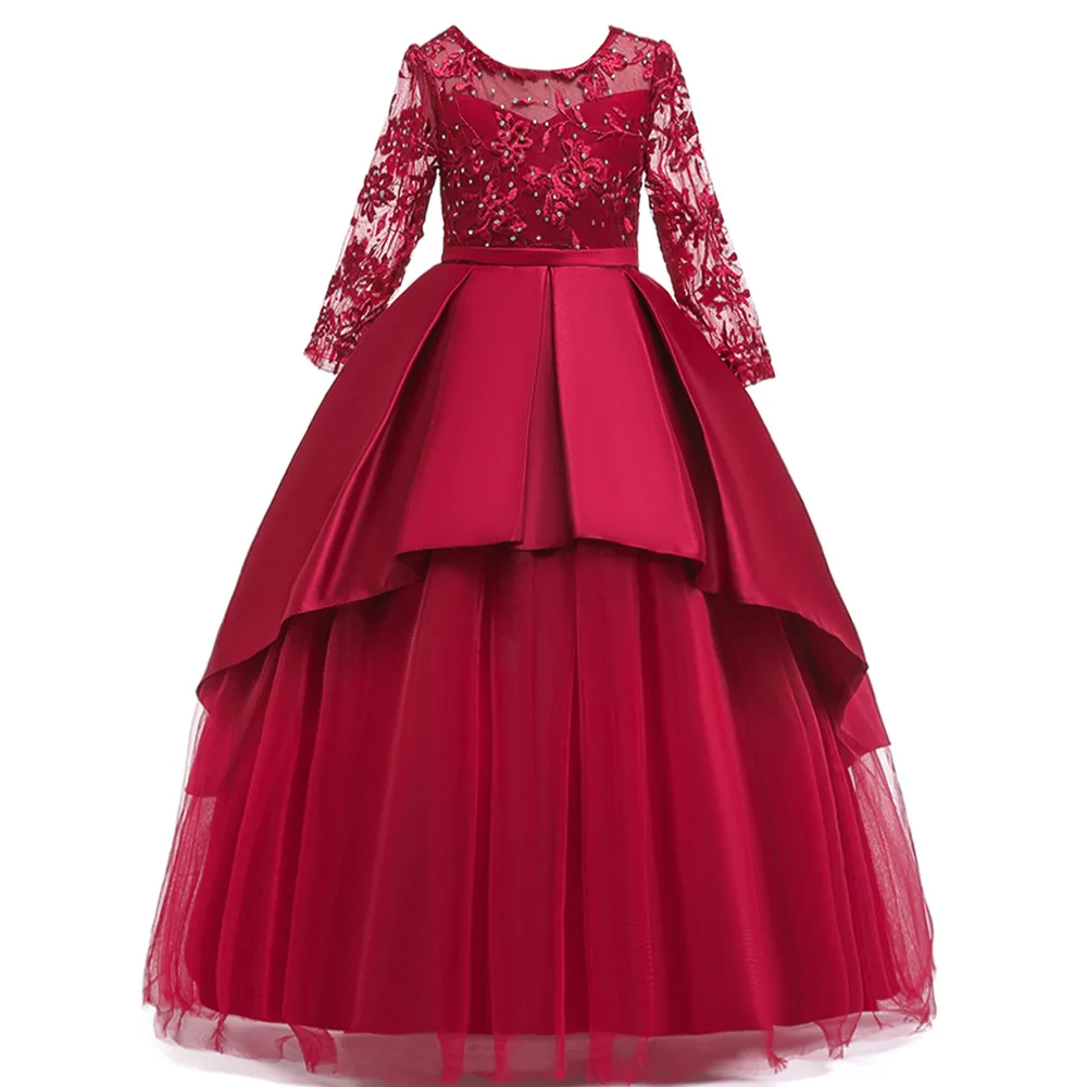 Лидер продаж; бальное платье с длинными рукавами; кружевное платье с цветочным узором для девочек на свадьбу; Длинное Пышное Платье с бисером для девочек на день рождения