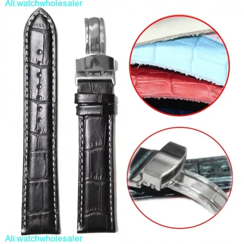 20mm All Genuine Leather Unisex Black Stitch White Watch Band Straps WB1037C20GB