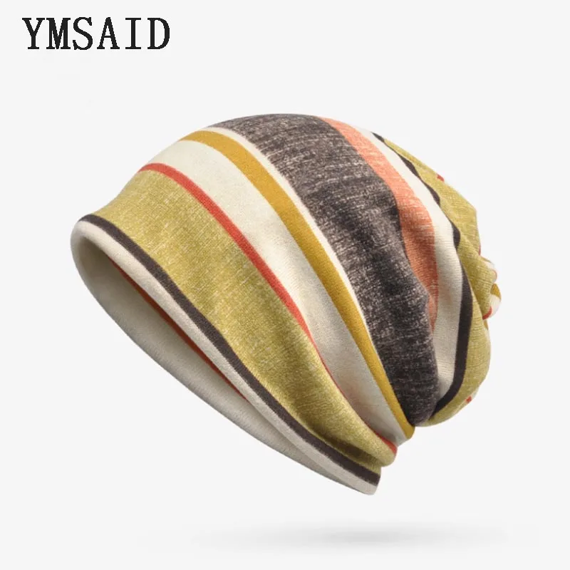 yellow Ymsaid, Осенняя шапка-тюрбан, женская шапка в полоску, мужская шапка Skullies Beanies, вязаная шапка, s Bonnet Bib Mask, мешковатая шапка с воротником, дешево - Цвет: yellow