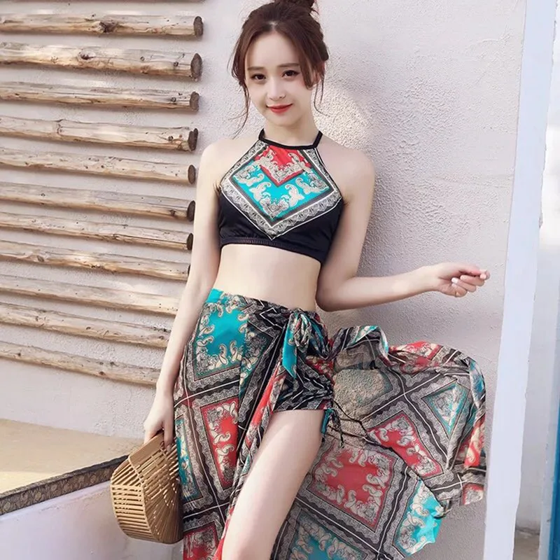 

Women Print Bikinis High Waist Swimsuit Push Up Wear National Style Bikini Three Piece Swimming Bathing Suit With Cover-up Skirt