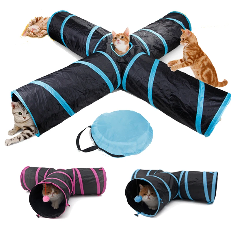 Pet Cat Tunnel Toys for Cat Kitten 4 Holes Collapsible Crinkle Cat Playing Tunnel Toy with Ball Tent Toy for Small Animal Rabbit