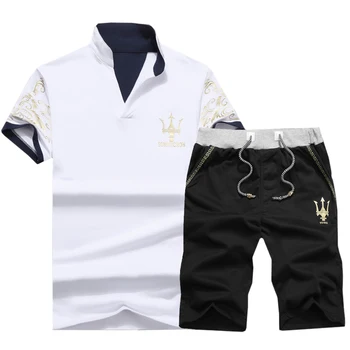 

Summer Set Men Casual V-Neck Tracksuit Sportswear Mens Shorts Sets 2019 Sweat Suits Man Slim Fit T Shirts + Shorts 2PCS J0203