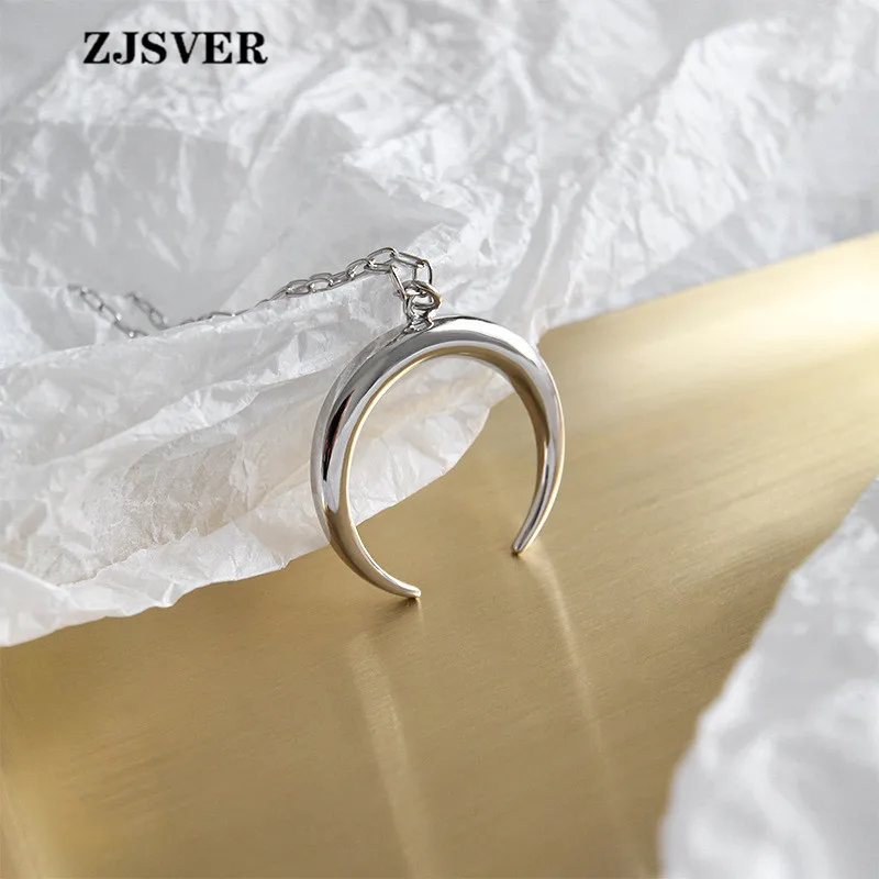 

ZJSVER Fine Jewelry 925 Sterling Silver Necklace Moon Shape Pendant Fashion Simple Silver Long Chain Women Necklace For Present
