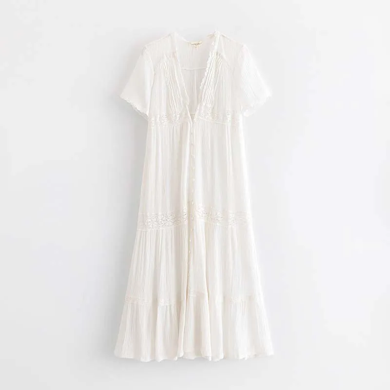 

QZ6013 New Design Summer V neck Lace Patchwork White Dress Summer Beach Fairy Dresses Vestidos
